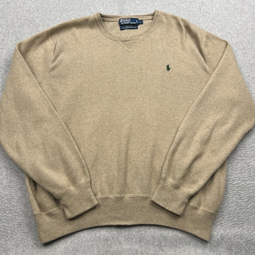Polo Ralph Lauren Sweater Men Large Tan Cotton Knit Crew Neck V-Notch Pony Logo